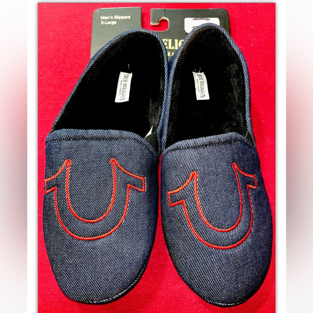 TRUE RELIGION men’s SLIPPERS, XL Blue Denim RED horseshoe Logo Slip On, Y2K NEW